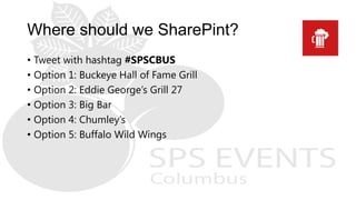 Where should we SharePint?
• Tweet with hashtag #SPSCBUS
• Option 1: Buckeye Hall of Fame Grill
• Option 2: Eddie George’s Grill 27
• Option 3: Big Bar
• Option 4: Chumley’s
• Option 5: Buffalo Wild Wings
 