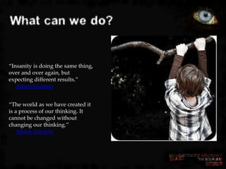 What can we do?


“Insanity is doing the same thing,
over and over again, but
expecting different results.”
― Albert Einstein


“The world as we have created it
is a process of our thinking. It
cannot be changed without
changing our thinking.”
― Albert Einstein
 