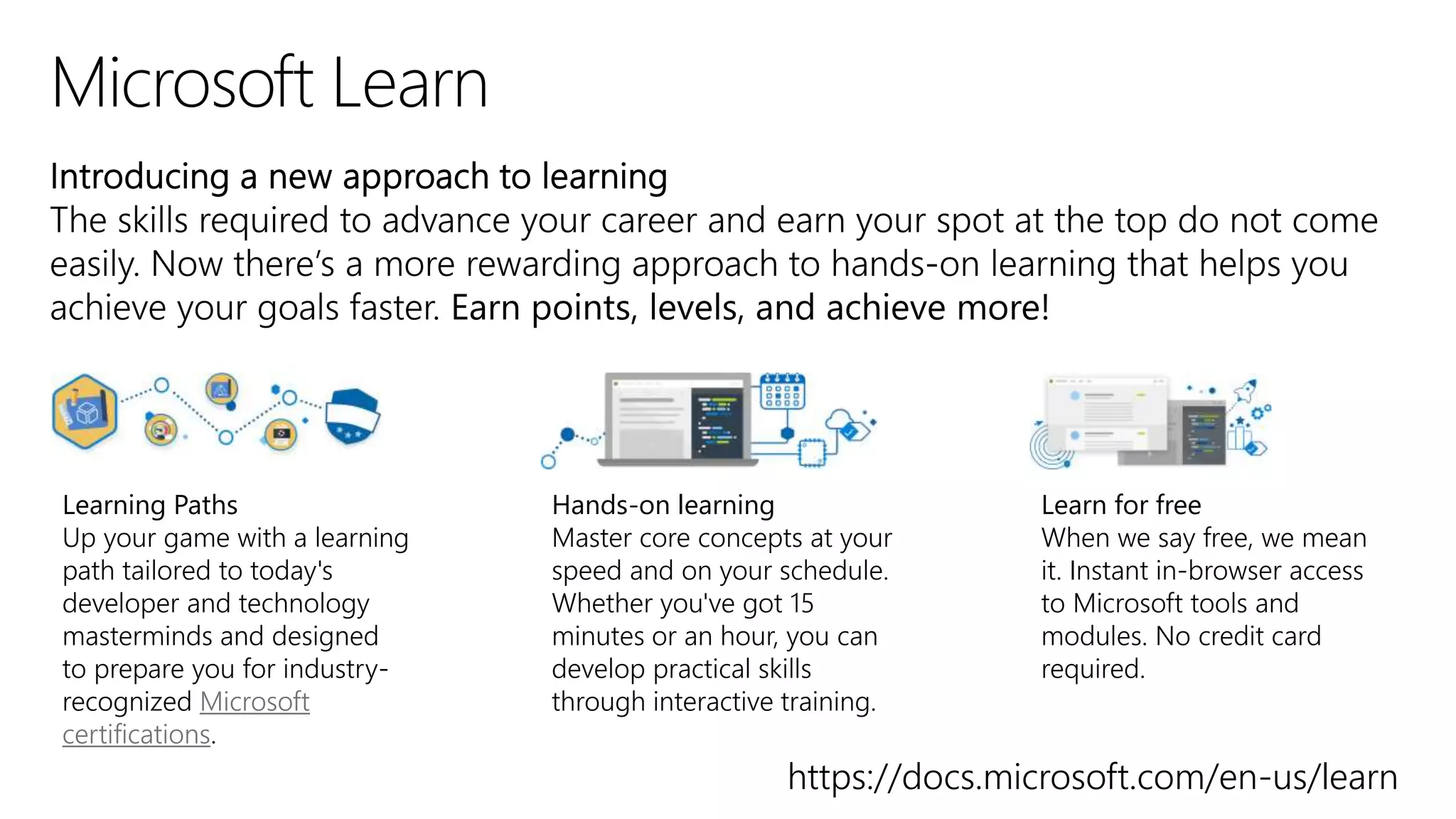 Learning Paths
Up your game with a learning
path tailored to today's
developer and technology
masterminds and designed
to prepare you for industry-
recognized Microsoft
certifications.
Hands-on learning
Master core concepts at your
speed and on your schedule.
Whether you've got 15
minutes or an hour, you can
develop practical skills
through interactive training.
Learn for free
When we say free, we mean
it. Instant in-browser access
to Microsoft tools and
modules. No credit card
required.
https://docs.microsoft.com/en-us/learn
 
