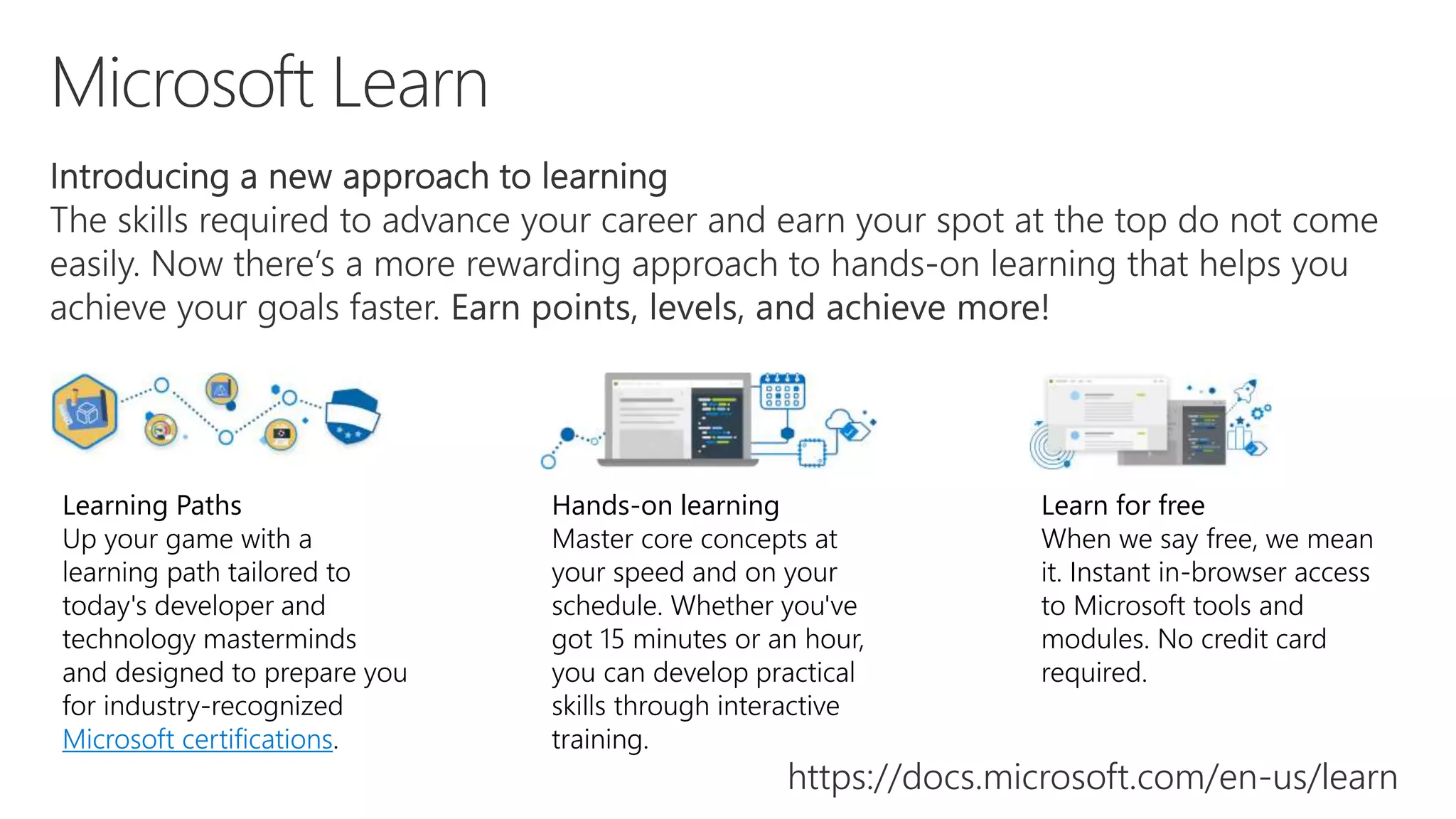 Learning Paths
Up your game with a
learning path tailored to
today's developer and
technology masterminds
and designed to prepare you
for industry-recognized
Microsoft certifications.
Hands-on learning
Master core concepts at
your speed and on your
schedule. Whether you've
got 15 minutes or an hour,
you can develop practical
skills through interactive
training.
Learn for free
When we say free, we mean
it. Instant in-browser access
to Microsoft tools and
modules. No credit card
required.
https://docs.microsoft.com/en-us/learn
 