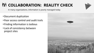 COLLABORATION: REALITY CHECK
In many organizations, information is poorly managed today
•Document duplication
•Poor access control and audit trails
•Finding information is tedious
•Lack of consistency between
project sites
 