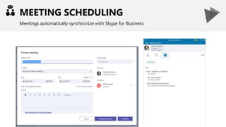 MEETING SCHEDULING
Meetings automatically synchronize with Skype for Business
 
