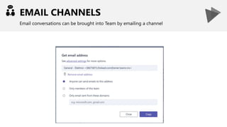 EMAIL CHANNELS
Email conversations can be brought into Team by emailing a channel
 