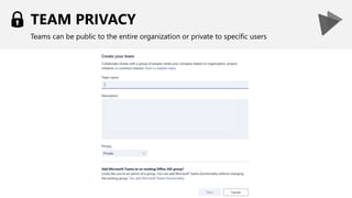 TEAM PRIVACY
Teams can be public to the entire organization or private to specific users
 