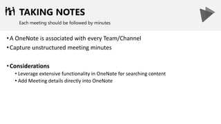 TAKING NOTES
Each meeting should be followed by minutes
•A OneNote is associated with every Team/Channel
•Capture unstructured meeting minutes
•Considerations
• Leverage extensive functionality in OneNote for searching content
• Add Meeting details directly into OneNote
 