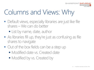 Columns and Views: Why<br />Default views, especially libraries are just like file shares – We can do better<br />List by ...