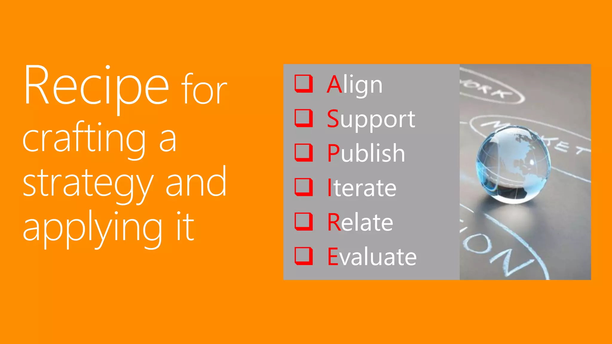  Align
 Support
 Publish
 Iterate
 Relate
 Evaluate
 