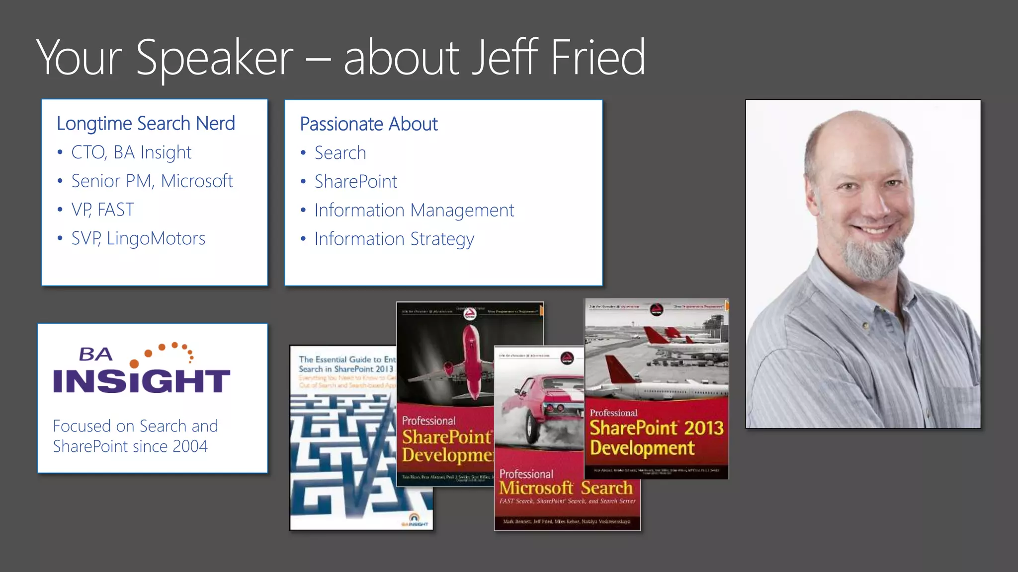 Focused on Search and
SharePoint since 2004
Longtime Search Nerd
• CTO, BA Insight
• Senior PM, Microsoft
• VP, FAST
• SVP, LingoMotors
Passionate About
• Search
• SharePoint
• Information Management
• Information Strategy
 