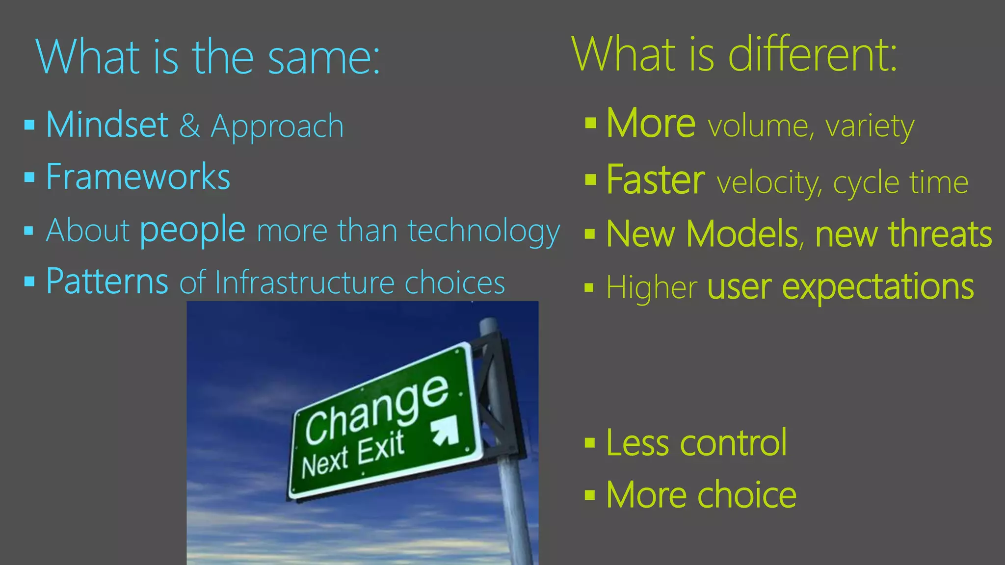 What is the same:




 More volume, variety
 Faster velocity, cycle time
 New Models, new threats
 Higher user expectations
 Less control
 More choice
What is different:
 