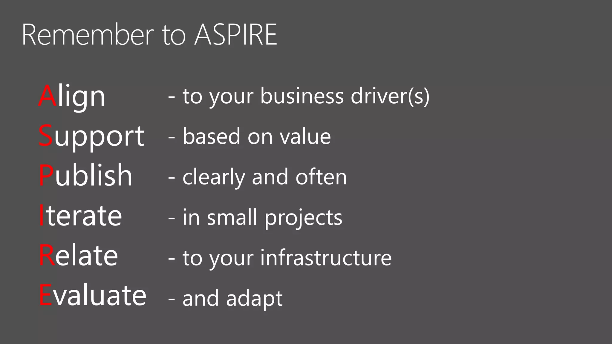 Align
Support
Publish
Iterate
Relate
Evaluate
- to your business driver(s)
- based on value
- clearly and often
- in small projects
- to your infrastructure
- and adapt
 