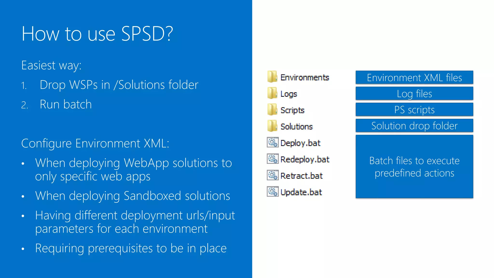 The easiest way:
                                              Environment XML files
1.   Drop WSPs in /Solutions folder
                                                    Log files
2.   Run batch file                                 PS scripts
                                              Solution drop folder
Or configure a custom environment XML:
•    When deploying WebApp solutions to       Batch files to execute
     only specific web apps                    predefined actions

•    When deploying Sandboxed solutions
•    Having different deployment urls/input
     parameters for each environment
•    Requiring prerequisites to be in place
 