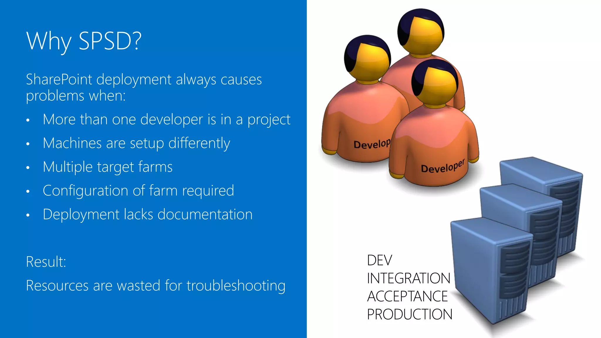 SharePoint deployment always causes
problems when:
•   More than one developer is in a project
•   Machines are setup differently
•   Multiple target farms exist
•   Configuration of the farm is required
•   Deployment lacks documentation


Result:                                       DEV
Resources are wasted for troubleshooting      INTEGRATION
                                              ACCEPTANCE
                                              PRODUCTION
 