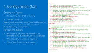<Settings>
                                                           <!-- Number of retries when solution deployment fails -->
                                                           <DeploymentRetries>3</DeploymentRetries>
                                                           <!-- Number of milliseconds to wait for processes, services -->
                                                           <DeploymentTimeout>60000</DeploymentTimeout>
                                                           <!-- Specifies if checks and actions should be run on all servers in

Settings configures
                                                                the farm or only the local server -->
                                                           <RunOnMultipleServersInFarm>Application</RunOnMultipleServersInFarm>
                                                           <!-- Number of milliseconds to leave the deployment script windows
•   Basic settings how SPSD is running                          open after the deployment -->
                                                           <WaitAfterDeployment>10000</WaitAfterDeployment>
                                                           <!-- Use wizards to specify variables -->
•   Timeouts, retries etc.                                 <DisplayWizards>false</DisplayWizards>
                                                           <!-- Create a log file in ULS log format -->
Note: RunOnMultipleServersInFarm requires PowerShell       <CreateULSLogfile>false</CreateULSLogfile>
                                                         </Settings>
Remoting to be enabled on each included server for the
deployment account                                       <!-- The Restrictions node restricts the solution deployment process to
                                                              certain requirements -->
Enable-PSRemoting -Confirm:$false                        <Restrictions>
                                                           <!-- Allow deployment of solution binaries to the global assembly

Restrictions defines                                            cache -->
                                                           <AllowGACDeployment>true</AllowGACDeployment>
                                                           <!-- Allow the deployment of binaries with code access security (CAS)
•   What type of solutions are allowed to be                    policies -->
                                                           <AllowCASPolicies>true</AllowCASPolicies>
    deployed (GAC, FullTrustBin, with CAS policies)        <!-- Allow the deployment of binaries with full trust, only available
                                                                in SP2013 -->
•   Which SharePoint version is required                   <AllowFullTrustBinDeployment>true</AllowFullTrustBinDeployment>
                                                           <!-- Minimal version number of the SharePoint installation required
                                                                to deploy this solution -->
•   Which SharePoint license is requires                   <MinimalSharePointVersion>14.0.0.0</MinimalSharePointVersion>
                                                           <!-- Minimal SharePoint license to deploy this solution. Valid
                                                                values: Foundation (default), Standard, Enterprise -->
                                                           <MinimalSharePointLicense>Foundation</MinimalSharePointLicense>
                                                         </Restrictions>
 