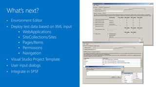 SPSD Environment Editor helps to:
-   Create/edit environment XML files
-   Reference nodes in other files
-   Create custom variables with the variable editor
-   Define environment aware URLs for deployment
    or warmup tasks


Note: Existing files will automatically updated to the
most current version of SPSD. Comments in the XML
file will be lost when saving the file.
 