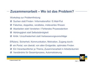 © Heinrich Schmid® 2014
Folie 11
Zusammenarbeit – Wo ist das Problem?
Workshop zur Problemfindung:
Ø Suchen statt Finden / Informationsflut / E-Mail-Flut
Ø Falsches, doppeltes, veraltetes, irrelevantes Wissen
Ø Abarbeiten statt Verstehen / Fehlendes Prozessdenken
Ø Abhängigkeit statt Selbstständigkeit
Ø Kritik / Unzufriedenheit statt Verbesserungsvorschläge
Effizienz, Sicherheit, Kommunikation, Motivation, Zugang durch:
Ø ein Portal, von überall, von allen Endgeräte, optimales Finden
Ø Ein Verantwortlicher je Thema, Zusammenarbeit in Arbeitsräumen
Ø Verständnis für Gesamtprozess, Automatisierung
 