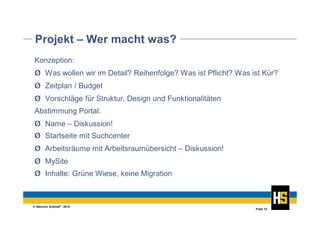 © Heinrich Schmid® 2014
Folie 13
Projekt – Wer macht was?
Konzeption:
Ø Was wollen wir im Detail? Reihenfolge? Was ist Pflicht? Was ist Kür?
Ø Zeitplan / Budget
Ø Vorschläge für Struktur, Design und Funktionalitäten
Abstimmung Portal:
Ø Name – Diskussion!
Ø Startseite mit Suchcenter
Ø Arbeitsräume mit Arbeitsraumübersicht – Diskussion!
Ø MySite
Ø Inhalte: Grüne Wiese, keine Migration
 