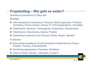 © Heinrich Schmid® 2014
Folie 19
Projektalltag – Wie geht es weiter?
Beteiligte:
Ø Administratoren je Arbeitsraum: Personal, Rechnungswesen, Finanzen,
Controlling, Kommunikation, Einkauf, IT, Führungsakademie, Immobilien
Funktionen:
Ø Dokumentenverwaltung, Zusammenarbeit in Arbeitsräumen (Teams,
Projekte, Themen), Expertenprofile
Überführung SharePoint in Office 365
Ø Arbeitsräume: Bereiche, Führungskreis, Assistenzen, Pilotstandorte
Ø Arbeitsräume: Steuerkreise, Boards, Projekte
Ø Arbeitsräume dezentral nach Wunsch: Gebiet, Region, Standort
Ø Genehmigungsprozesse, Formulare, Workflows
Ø Externe Partner: Berater, Lieferanten, Kunden? …
 