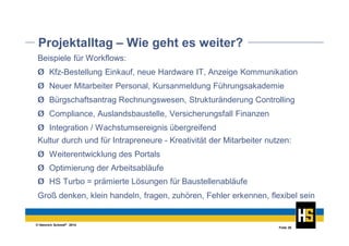 © Heinrich Schmid® 2014
Folie 20
Projektalltag – Wie geht es weiter?
Groß denken, klein handeln, fragen, zuhören, Fehler erkennen, flexibel sein
Kultur durch und für Intrapreneure - Kreativität der Mitarbeiter nutzen:
Ø Weiterentwicklung des Portals
Beispiele für Workflows:
Ø Kfz-Bestellung Einkauf, neue Hardware IT, Anzeige Kommunikation
Ø Neuer Mitarbeiter Personal, Kursanmeldung Führungsakademie
Ø Bürgschaftsantrag Rechnungswesen, Strukturänderung Controlling
Ø Compliance, Auslandsbaustelle, Versicherungsfall Finanzen
Ø Integration / Wachstumsereignis übergreifend
Ø Optimierung der Arbeitsabläufe
Ø HS Turbo = prämierte Lösungen für Baustellenabläufe
 