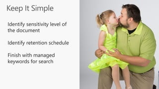Identify sensitivity level of
the document
Identify retention schedule
Finish with managed
keywords for search
 