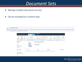 SharePoint Foundation – High level featuresOffer the basic capabilities to create sites to engage employees, partners, customers both inside and outside the firewallEasy to useDelegated administration to end usersCore Document Management capabilitiesCore List Management capabilitiesCore Collaborations features (Wikis, Blogs, Team Site, Meeting workspaces, browser based collaborationBasic Connectivity Services “BCS”, external lists