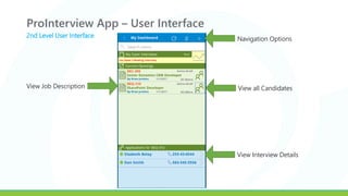 ProInterview App – User Interface
2nd Level User Interface
Navigation Options
View all CandidatesView Job Description
View Interview Details
 