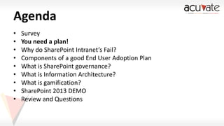 Agenda
•
•
•
•
•
•
•
•
•

Survey
You need a plan!
Why do SharePoint Intranet’s Fail?
Components of a good End User Adoption Plan
What is SharePoint governance?
What is Information Architecture?
What is gamification?
SharePoint 2013 DEMO
Review and Questions

 