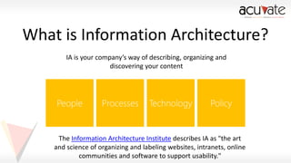 What is Information Architecture?
IA is your company’s way of describing, organizing and
discovering your content

The Information Architecture Institute describes IA as "the art
and science of organizing and labeling websites, intranets, online
communities and software to support usability."

 
