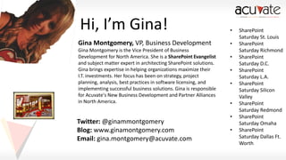 Hi, I’m Gina!
Gina Montgomery, VP, Business Development
Gina Montgomery is the Vice President of Business
Development for North America. She is a SharePoint Evangelist
and subject matter expert in architecting SharePoint solutions.
Gina brings expertise in helping organizations maximize their
I.T. investments. Her focus has been on strategy, project
planning, analysis, best practices in software licensing, and
implementing successful business solutions. Gina is responsible
for Acuvate's New Business Development and Partner Alliances
in North America.

Twitter: @ginammontgomery
Blog: www.ginamontgomery.com
Email: gina.montgomery@acuvate.com

•
•
•
•
•
•
•

•

SharePoint
Saturday St. Louis
SharePoint
Saturday Richmond
SharePoint
Saturday D.C.
SharePoint
Saturday L.A.
SharePoint
Saturday Silicon
Valley
SharePoint
Saturday Redmond
SharePoint
Saturday Omaha
SharePoint
Saturday Dallas Ft.
Worth

 