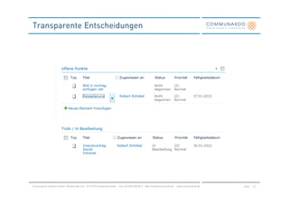 Transparente Entscheidungen




Communardo Software GmbH · Kleiststraße 10 a · D-01129 Dresden/Germany · Fon +49 (351) 833 82-0 · Mail info@communardo.de · www.communardo.de   Seite   24
 