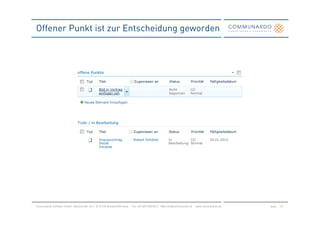 Offener Punkt ist zur Entscheidung geworden




Communardo Software GmbH · Kleiststraße 10 a · D-01129 Dresden/Germany · Fon +49 (351) 833 82-0 · Mail info@communardo.de · www.communardo.de   Seite   29
 