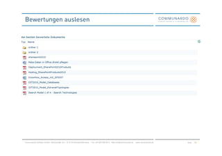 Bewertungen auslesen




Communardo Software GmbH · Kleiststraße 10 a · D-01129 Dresden/Germany · Fon +49 (351) 833 82-0 · Mail info@communardo.de · www.communardo.de   Seite   38
 