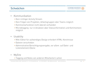 Schwächen

• Kommunikation
         •   Kein richtiger Activity Stream
         •   Kein Folgen von Projekten, Arbeitsgruppen oder Teams möglich
         •   Kommentarfunktion nicht überall vorhanden
         •   Microblogging nur in Ansätzen über Statusinformation und Kommentare
             möglich


• Usability
         • Wiki-Editor für aufwendiges Design erfordert HTML-Kenntnisse
         • Dateien verschieben
         • Administrative Berechtigungsvergabe, vor allem auf Datei- und
           Listenelement-Ebene


• MySite
         • Tagging und Notes von anderen Mitarbeitern sehen
Communardo Software GmbH · Kleiststraße 10 a · D-01129 Dresden/Germany · Fon +49 (351) 833 82-0 · Mail info@communardo.de · www.communardo.de   Seite   44
 