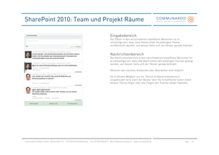 SharePoint 2010: Team und Projekt Räume

                                                                                               Eingabebereich
                                                                                               Der Editor in den verschiedenen teamRoom Bereichen ist so
                                                                                               vorkonfiguriert, dass neue Nachrichten im jeweiligen Thema
                                                                                               veröffentlicht werden, auf dessen Seite sich der Nutzer gerade befindet.


                                                                                               Nachrichtenbereich
                                                                                               Der Nachrichtenbereich in den verschiedenen teamRoom Bereichen ist
                                                                                               so vorkonfiguriert, dass alle Nachrichten des jeweiligen Themas gezeigt
                                                                                               werden, auf dessen Seite sich der Nutzer gerade befindet.

                                                                                               Aktionen wie Löschen, Antworten oder Bearbeiten sind möglich.

                                                                                               Da in diesem Webpart nur ein Thema im Nachrichtenbereich
                                                                                               eingeblendet wird, kann der Nutzer über die Schaltfläche (unten links)
                                                                                               diesem Thema folgen oder das Folgen des Themas wieder beenden.




Communardo Software GmbH · Kleiststraße 10 a · D-01129 Dresden/Germany · Fon +49 (351) 833 82-0 · Mail info@communardo.de · www.communardo.de                   Seite   52
 