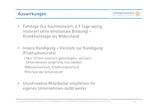 Auswirkungen

• Fehltage (5,4 hochmotiviert; 6,9 Tage wenig
  motiviert ohne emotionale Bindung) –
  Krankheitstage als Widerstand

• Innere Kündigung = Vorstufe zur Kündigung
  (Fluktuationsrate)
         • Nur 1/3 der innerlich gekündigten will dem
           Unternehmen langfristig treu bleiben
           Wissensverlust, Erfahrungsverlust
           Verlust der Arbeitskraft


• Unzufriedene Mitarbeiter empfehlen ihr
  eigenes Unternehmen nicht weiter

Communardo Software GmbH · Kleiststraße 10 a · D-01129 Dresden/Germany · Fon +49 (351) 833 82-0 · Mail info@communardo.de · www.communardo.de   Seite   7
 