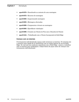 Capítulo 1 Introdução 
• spse01670—Desenhando no contexto de uma montagem 
• spse01675—Recursos de montagem 
• spse01680—Inspecionando montagens 
• spse01685—Montagens alternadas 
• spse01690—Componentes virtuais em montagens 
• spse01695—XpresRoute (tubulação) 
• spse01696—Criando um Chicote de Fios com o Desenho de Chicote 
• spse01424— Trabalhando com o Cliente Incorporado do Solid Edge 
Comece com os tutoriais 
O treinamento individualizado começa onde terminam os tutoriais. Os tutoriais são 
a maneira mais rápida de se familiarizar com as noções básicas do uso do Solid 
Edge. Se você não tem nenhuma experiência com o Solid Edge , comece a trabalhar 
com os tutoriais para modelagem e edição básica de peças antes de começar esse 
treinamento individualizado. 
1-2 Criando desenhos detalhados spse01545 
 