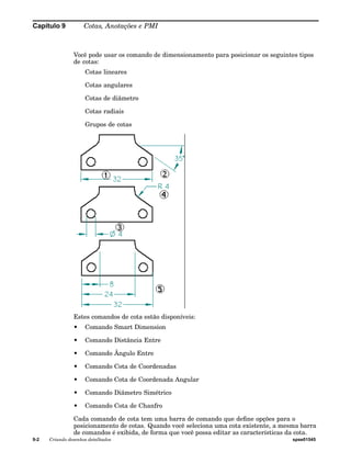 Capítulo 9 Cotas, Anotações e PMI 
Você pode usar os comando de dimensionamento para posicionar os seguintes tipos 
de cotas: 
Cotas lineares 
Cotas angulares 
Cotas de diâmetro 
Cotas radiais 
Grupos de cotas 
Estes comandos de cota estão disponíveis: 
• Comando Smart Dimension 
• Comando Distância Entre 
• Comando Ângulo Entre 
• Comando Cota de Coordenadas 
• Comando Cota de Coordenada Angular 
• Comando Diâmetro Simétrico 
• Comando Cota de Chanfro 
Cada comando de cota tem uma barra de comando que define opções para o 
posicionamento de cotas. Quando você seleciona uma cota existente, a mesma barra 
de comandos é exibida, de forma que você possa editar as características da cota. 
9-2 Criando desenhos detalhados spse01545 
 