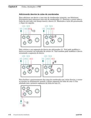 Capítulo 9 Cotas, Anotações e PMI 
Adicionando desvios às cotas de coordenadas 
Para adicionar um desvio a uma cota de coordenadas existente, use Selecionar 
Ferramenta para selecionar uma cota de coordenadas (1). Posicione o cursor sobre a 
linha da cota onde você deseja inserir o desvio (2). Mantenha a tecla Alt pressionada 
e clique em seguida. 
Dois vértices e um segmento de desvio são adicionados (3). Você pode modificar o 
desvio ao arrastar um indicador de vértice (4). Você também pode modificar o desvio 
arrastando o segmento de desvio. 
Para facilitar o posicionamento das cotas de coordenada com vários desvios, o cursor 
se encaixa no alinhamento quando o último segmento de linha de cota (1) fica 
alinhado com o primeiro segmento da linha de cota (2). 
9-16 Criando desenhos detalhados spse01545 
 