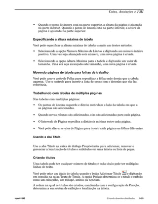 Cotas, Anotações e PMI 
• Quando o ponto de âncora está na parte superior, a altura da página é ajustada 
na parte inferior. Quando o ponto de âncora está na parte inferior, a altura da 
página é ajustada na parte superior. 
Especificando a altura máxima de tabela 
Você pode especificar a altura máxima de tabela usando um destes métodos: 
• Selecionando a opção Número Máximo de Linhas e digitando um número inteiro 
positivo. Uma vez seja alcançado este número, uma nova página é criada. 
• Selecionando a opção Altura Máxima para a tabela e digitando um valor de 
tamanho. Uma vez seja alcançado este tamanho, uma nova página é criada. 
Movendo páginas de tabela para folhas de trabalho 
Você pode usar o controle Folha para especificar a folha onde deseja que a tabela 
apareça. Use o controle para inserir a lista de peças com o desenho que ela faz 
referência. 
Trabalhando com tabelas de múltiplas páginas 
Nas tabelas com múltiplas páginas: 
• Os pontos de âncora esquerdo e direito controlam o lado da tabela em que a 
as páginas são adicionadas. 
• Quando novas colunas são adicionadas, elas são adicionadas para cada página. 
• O Intervalo de Página especifica a distância mínima entre cada página. 
• Você pode alterar o valor de Página para inserir cada página em folhas diferentes. 
Usando a aba Título 
Use a aba Título na caixa de diálogo Propriedades para adicionar, remover e 
gerenciar a localização de títulos e subtítulos em uma tabela ou lista de peças. 
Criando títulos 
Uma tabela pode ter qualquer número de títulos e cada título pode ter múltiplas 
linhas de texto. 
Você pode criar um título de tabela usando o botão Adicionar Título e digitando 
em seguida na caixa Texto de Título. A opção Posição determina se o título é exibido 
como um cabeçalho, um rodapé, ambos ou nenhum. 
A ordem na qual os títulos são criados, combinada com a configuração de Posição, 
determina a sua ordem de exibição e localização na tabela. 
spse01545 Criando desenhos detalhados 9-29 
 