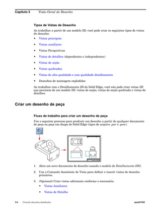 Capítulo 3 Visão Geral de Desenho 
Tipos de Vistas de Desenho 
Ao trabalhar a partir de um modelo 3D, você pode criar os seguintes tipos de vistas 
de desenho: 
• Vistas principais 
• Vistas auxiliares 
• Vistas Perspectivas 
• Vistas de detalhes (dependentes e independentes) 
• Vistas de seção 
• Vistas quebradas 
• Vistas de alta qualidade e com qualidade detalhamento 
• Desenhos de montagem explodidos 
Ao trabalhar com o Detalhamento 2D do Solid Edge, você não pode criar vistas 3D 
que precisem de um modelo 3D: vistas de seção, vistas de seção quebrada e vistas de 
detalhes. 
Criar um desenho de peça 
Fluxo de trabalho para criar um desenho de peça 
Use o seguinte processo para produzir um desenho a partir de qualquer documento 
de peça ou peça em chapa do Solid Edge (tipos de arquivo .par e .psm). 
1. Abra um novo documento de desenho usando o modelo de Detalhamento ISO. 
2. Use o Comando Assistente de Vista para definir e inserir vistas de desenho 
primárias. 
3. (Opcional) Criar vistas adicionais conforme o necessário. 
• Vistas Auxiliares 
• Vistas de Detalhe 
3-2 Criando desenhos detalhados spse01545 
 