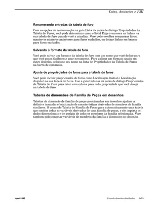 Cotas, Anotações e PMI 
Renumerando entradas da tabela de furo 
Com as opções de renumeração na guia Lista da caixa de dialogo Propriedades da 
Tabela de Furos, você pode determinar como o Solid Edge renumera as linhas na 
sua tabela de furo quando você a atualiza. Você pode escolher renumerar furos, 
manter os números anteriores para furos excluídos, ou deixar linhas em branco 
para furos excluídos. 
Salvando o formato da tabela de furo 
Você pode salvar um formato da tabela de furo com um nome que você define para 
que você possa facilmente usar novamente. Para aplicar um formato usado em 
outro desenho, selecione seu nome na lista de Propriedades da Tabela de Furos 
na barra de comandos. 
Ajuste de propriedades de furos para a tabela de furos 
Você pode incluir propriedades de furos como Localização Radial e Localização 
Angular na sua tabela de furos. Use a guia Colunas da caixa de diálogo Propriedades 
da Tabela de Furo para criar uma coluna para cada propriedade que você deseja 
na tabela de furo. 
Tabelas de dimensões de Família de Peças em desenhos 
Tabelas de dimensão de família de peças posicionadas em desenhos ajudam a 
definir o tamanho e localização de características derivadas de membros de família 
similares. O comando Tabela de Família de Peças gera automaticamente uma tabela 
que contém todas as variáveis derivadas de uma família de peças, e ele importa os 
dados dimensionais e de posição de todos os membros da família selecionada. Você 
tambem pode conectar variáveis de membros da família a dimensões no desenho. 
spse01545 Criando desenhos detalhados 9-33 
 