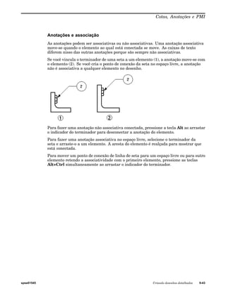Cotas, Anotações e PMI 
Anotações e associação 
As anotações podem ser associativas ou não associativas. Uma anotação associativa 
move-se quando o elemento ao qual está conectada se move. As caixas de texto 
diferem nisso das outras anotações porque são sempre não associativas. 
Se você vincula o terminador de uma seta a um elemento (1), a anotação move-se com 
o elemento (2). Se você cria o ponto de conexão da seta no espaço livre, a anotação 
não é associativa a qualquer elemento no desenho. 
Para fazer uma anotação não associativa conectada, pressione a tecla Alt ao arrastar 
o indicador do terminador para desconectar a anotação do elemento. 
Para fazer uma anotação associativa no espaço livre, selecione o terminador da 
seta e arraste-o a um elemento. A aresta do elemento é realçada para mostrar que 
está conectada. 
Para mover um ponto de conexão de linha de seta para um espaço livre ou para outro 
elemento retendo a associatividade com o primeiro elemento, pressione as teclas 
Alt+Ctrl simultaneamente ao arrastar o indicador do terminador. 
spse01545 Criando desenhos detalhados 9-43 
 
