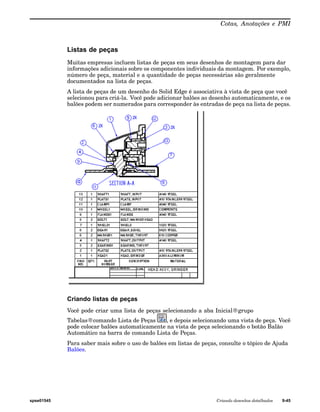 Cotas, Anotações e PMI 
Listas de peças 
Muitas empresas incluem listas de peças em seus desenhos de montagem para dar 
informações adicionais sobre os componentes individuais da montagem. Por exemplo, 
número de peça, material e a quantidade de peças necessárias são geralmente 
documentados na lista de peças. 
A lista de peças de um desenho do Solid Edge é associativa à vista de peça que você 
selecionou para criá-la. Você pode adicionar balões ao desenho automaticamente, e os 
balões podem ser numerados para corresponder às entradas de peça na lista de peças. 
Criando listas de peças 
Você pode criar uma lista de peças selecionando a aba Inicial®grupo 
Tabelas®comando Lista de Peças , e depois selecionando uma vista de peça. Você 
pode colocar balões automaticamente na vista de peça selecionando o botão Balão 
Automático na barra de comando Lista de Peças. 
Para saber mais sobre o uso de balões em listas de peças, consulte o tópico de Ajuda 
Balões. 
spse01545 Criando desenhos detalhados 9-45 
 