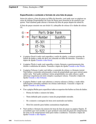 Capítulo 9 Cotas, Anotações e PMI 
Especificando o conteúdo e formato de uma lista de peças 
Antes de colocar a lista de peças na folha de desenho, você pode usar as páginas na 
caixa de diálogo Propriedades da Lista de Peças para formatá-la da maneira que 
quiser. Você também pode alterar o formato da lista de peças depois de colocá-la. 
A lista de peças consiste em um título (1), cabeçalho de coluna (2) e dados de coluna 
(3). 
• A página Geral é onde você especifica o estilo de tabela, o número máximo de 
linhas de dados e onde ela deve ser colocada na folha de desenho. Consulte o 
tópico de Ajuda Usando a aba Geral. 
• A página Título é onde você especifica o texto, formato e posicionamento dos 
títulos e subtítulos de tabela. Consulte o tópico de Ajuda Usando a aba Título. 
• A página Colunas é onde você define o conteúdo da coluna e o formato inicial. 
Você define o conteúdo selecionando o texto de propriedade que quer extrair para 
exibir nela. Você pode combinar várias propriedades em cada coluna e pode 
adicionar sequências de texto simples a qualquer coluna. Consulte o tópico de 
Ajuda Usando a aba Colunas. 
• A página Dados é onde você adiciona e remove colunas e linhas, e onde edita 
informações extraídas exibidas em células individuais. Consulte o tópico de 
Ajuda Usando a aba Dados. 
• Use a página Balão para especificar todos os aspectos dos balões na lista de dados: 
– Forma do balão e número de lados. 
– Texto definido pelo usuário e texto de propriedade extraído. 
– Se o número e contagem de item será mostrado nos balões. 
– Nível de controle para balões automáticos duplicados. 
• Você atribui o formato do número de item da lista de peças na página Opções. É 
aí também que você escolhe se quer produzir uma lista de peças de comprimento 
de corte ou de comprimento total para tubos e molduras. Consulte o tópico de 
Ajuda Usando a aba Opções. 
9-46 Criando desenhos detalhados spse01545 
 