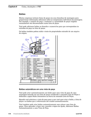 Capítulo 9 Cotas, Anotações e PMI 
Balões 
Muitas empresas incluem listas de peças em seus desenhos de montagem para 
proporcionar informações adicionais sobre os componentes individuais da montagem. 
Por exemplo, o número de peça, o material e a quantidade de peças exigidas 
normalmente são documentados numa lista de peças. 
Você pode adicionar balões ao desenho e numerá-los para que correspondam às 
entradas de peça na lista de peças. 
Os balões também podem exibir o texto de propriedades extraído de um arquivo 
de origem. 
Balões automáticos em uma vista de peça 
Você pode criar automaticamente um balão para uma vista de peça de uma 
montagem baseado em sua lista de peças escolhendo o comando Lista de Peças e 
definindo a opção Balão Automático na barra de comando Lista de Peças. 
Quando você seleciona a vista de peça para a que você quer criar o balão, a lista de 
peças e os balões que a referenciam são criados automaticamente. 
Você também pode criar balões automaticamente sem colocar uma lista de 
peças. Para aprender a fazer isto, consulte o tópico da Ajuda, Adicionar Balões 
Automaticamente a uma Vista de Peça. 
9-56 Criando desenhos detalhados spse01545 
 