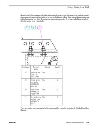 Cotas, Anotações e PMI 
Quando os balões são empilhados, ficam alinhados numa linha vertical ou horizontal, 
com uma única seta vinculada ao primeiro balão na pilha. Este exemplo mostra uma 
pilha horizontal e a lista de peças de acompanhamento. O primeiro balão é aquele à 
direita com a seta vinculada. 
Para aprender a organizar os balões numa pilha consulte o tópico de Ajuda Empilhar 
Balões. 
spse01545 Criando desenhos detalhados 9-59 
 