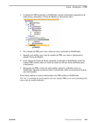 Cotas, Anotações e PMI 
• A coleção de PMI localizada no PathFinder contém subcoleções expandíveis de 
todas Cotas, Anotações e Vistas de Modelo no documento ativo. 
• Se a coleção de PMI está vazia, então ela não é mostrada no PathFinder. 
• Quando você define uma vista de modelo de PMI, seu nome é adicionado à 
coleção Vistas de Modelo. 
• Uma coleção de Vistas de Seção separada, localizada no PathFinder acima da 
coleção PMI contém todas as vistas de seção em 3D que foram definidas para 
o documento. 
• Elementos de PMI e vistas de seção podem aparecer múltiplas vezes no 
PathFinder. Quando um destes itens é selecionado, todas as ocorrências do item 
são selecionadas. 
Essa tabela explica os ícones relacionados com PMI usados no PathFinder. 
Um "nó" é a entrada de nível superior de uma coleção PMI ou em uma subcoleção sob 
uma vista de modelo definida. 
spse01545 Criando desenhos detalhados 9-65 
 