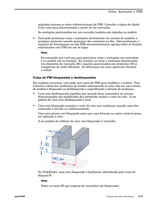Cotas, Anotações e PMI 
migradas tornam-se cotas tridimensionais de PMI. Consulte o tópico da Ajuda 
Criar uma peça dimensionada a partir de um rascunho. 
As anotações posicionadas em um rascunho também são copiadas ao modelo. 
• Você pode posicionar cotas e anotações diretamente em arestas de modelos a 
qualquer momento usando quaisquer dos comandos na fita. Adicionalmente, o 
conjunto de ferramentas na aba PMI convenientemente agrupa todas as funções 
relacionadas com PMI em um só lugar. 
Nota 
Os comandos que você usa para posicionar cotas e anotações em rascunhos 
e no modelo são os mesmos. No entanto, as cotas e anotações posicionadas 
em elementos de rascunho 2D e aquelas posicionadas em elementos 3D se 
comportam de modo diferente. As diferenças são mais aparentes durante 
a edição. 
Cotas de PMI bloqueadas e desbloqueadas 
Em modelos síncronos, você pode usar cotas de PMI para modificar o modelo. Você 
controla o efeito das mudanças de modelo selecionando se uma cota em uma aresta 
de modelo é bloqueada ou desbloqueada e especificando a direção de mudança. 
• Uma cota desbloqueada significa que quando faces conectadas às arestas 
dimensionadas são modificadas fica permitido mudar o valor da cota. A cor 
padrão de uma cota desbloqueada é azul. 
• Uma cota bloqueada mantém o valor de cota sem mudanças quando uma face 
conectada é movida ou redimensionada. 
Uma cota precisa ser bloqueada antes que uma formula ou regra variável possa 
ser aplicada à cota. 
A cor padrão de exibição de uma cota bloqueada é vermelha. 
No PathFinder, uma cota bloqueada é facilmente identificada pelo ícone de 
bloqueio . 
Nota 
Todas as cotas 2D que migram de rascunhos são bloqueadas. 
spse01545 Criando desenhos detalhados 9-75 
 