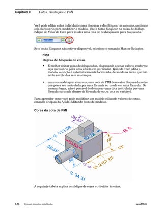 Capítulo 9 Cotas, Anotações e PMI 
Você pode editar cotas individuais para bloquear e desbloquear as mesmas, conforme 
seja necessário para modificar o modelo. Use o botão bloquear na caixa de diálogo 
Edição de Valor de Cota para mudar uma cota de desbloqueada para bloqueada. 
Se o botão Bloquear não estiver disponível, selecione o comando Manter Relações. 
Nota 
Regras de bloqueio de cotas 
• É melhor deixar cotas desbloqueadas, bloqueando apenas valores conforme 
seja necessário para uma edição em particular. Quando você edita o 
modelo, a edição é automaticamente localizada, deixando as cotas que não 
estão envolvidas sem mudanças. 
• em uma modelagem síncrona, uma cota de PMI deve estar bloqueada antes 
que possa ser controlada por uma fórmula ou usada em uma fórmula. Da 
mesma forma, não é possível desbloquear uma cota controlada por uma 
fórmula ou usada dentro da fórmula de outra cota ou variável. 
Para aprender como você pode modificar um modelo editando valores de cotas, 
consulte o tópico da Ajuda Editando cotas de modelos. 
Cores da cota de PMI 
A seguinte tabela explica os códigos de cores atribuídos às cotas. 
9-76 Criando desenhos detalhados spse01545 
 