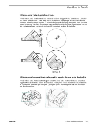 Visão Geral de Desenho 
Criando uma vista de detalhe circular 
Você define uma vista detalhada circular usando a opção Vista Detalhada Circular 
na barra de comando. Você pode então especificar o envelope de lista detalhadas 
usando três cliques do mouse. O primeiro clique (1) define o centro da área circular 
para aumentar na vista de origem, o segundo clique (2) define o diâmetro do círculo 
da vista detalhada e o terceiro clique (3) posiciona a vista de detalhe. 
Criando uma forma definida pelo usuário a partir de uma vista de detalhe 
Você define uma forma definida pelo usuário para uma vista detalhada usando a 
opção Definir Perfil na barra de comando. Você pode então desenhar um perfil com 
o tamanho e a forma que desejar. Qualquer perfil fechado pode ser um envelope 
de detalhe válido. 
spse01545 Criando desenhos detalhados 3-27 
 