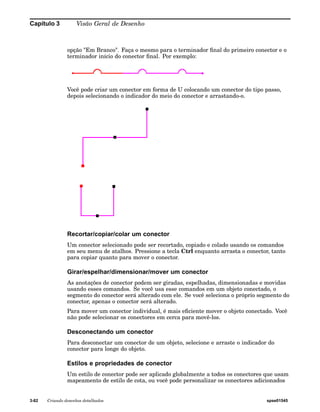 Capítulo 3 Visão Geral de Desenho 
opção "Em Branco". Faça o mesmo para o terminador final do primeiro conector e o 
terminador início do conector final. Por exemplo: 
Você pode criar um conector em forma de U colocando um conector do tipo passo, 
depois selecionando o indicador do meio do conector e arrastando-o. 
Recortar/copiar/colar um conector 
Um conector selecionado pode ser recortado, copiado e colado usando os comandos 
em seu menu de atalhos. Pressione a tecla Ctrl enquanto arrasta o conector, tanto 
para copiar quanto para mover o conector. 
Girar/espelhar/dimensionar/mover um conector 
As anotações de conector podem ser giradas, espelhadas, dimensionadas e movidas 
usando esses comandos. Se você usa esse comandos em um objeto conectado, o 
segmento do conector será alterado com ele. Se você seleciona o próprio segmento do 
conector, apenas o conector será alterado. 
Para mover um conector individual, é mais eficiente mover o objeto conectado. Você 
não pode selecionar os conectores em cerca para movê-los. 
Desconectando um conector 
Para desconectar um conector de um objeto, selecione e arraste o indicador do 
conector para longe do objeto. 
Estilos e propriedades de conector 
Um estilo de conector pode ser aplicado globalmente a todos os conectores que usam 
mapeamento de estilo de cota, ou você pode personalizar os conectores adicionados 
3-82 Criando desenhos detalhados spse01545 
 